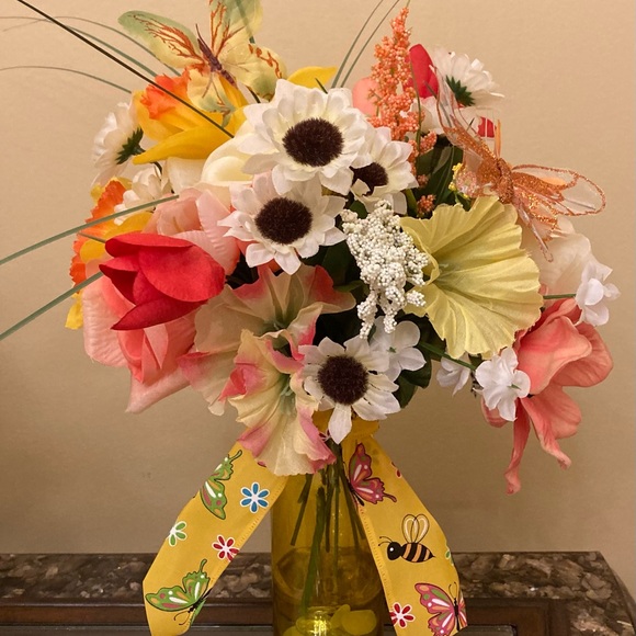 Spring Flower Arrangement. Yellow and Orange with cute Butterfly Accents - Picture 1 of 10